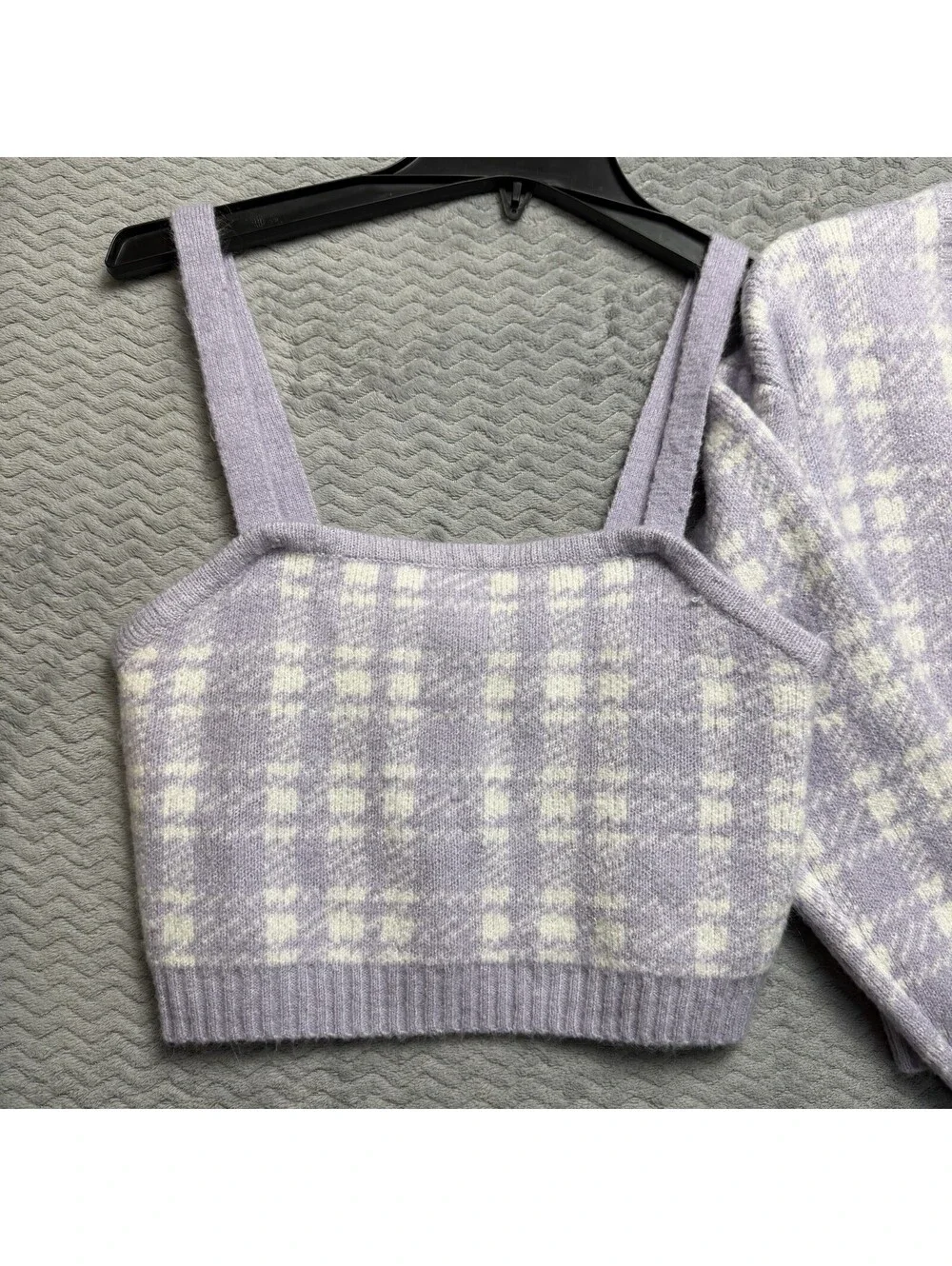 Almost Famous Sweater Set Womens Sz M Plaid Cardigan Soft girl Preppy 2 Pieces - Picture 2 of 9
